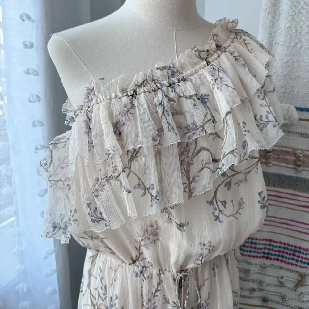 Zimmerman Beige Floral 100% Silk One Shoulder Ruffled Playsuit Women’s 3 US 10 - Picture 3 of 13